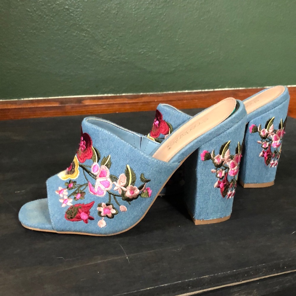 Floral embroidered denim block mules